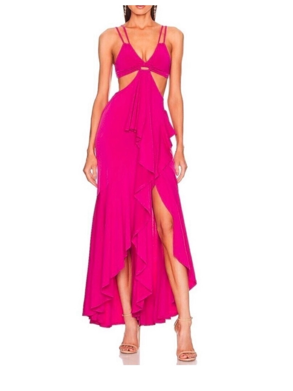 Michael Costello Hot Pink One-Shoulder Ruffle  Trent Gown
